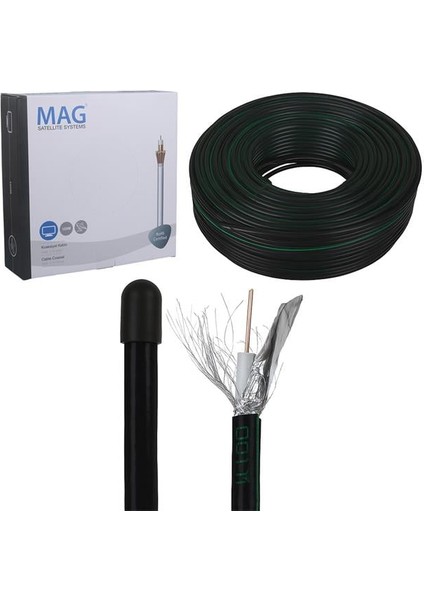 Mag Rg6/u6 Bakır Cu/cu 80 Tel Siyah Anten Kablosu (100 Metre)