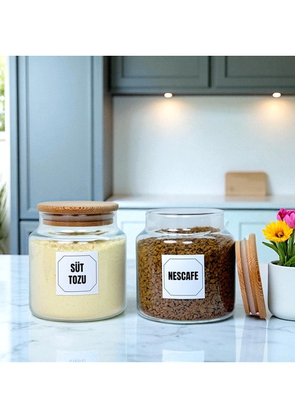 2'li Ahşap Vakum Kapaklı Cam Hazır Kahve Süt Tozu Saklama Kavanozu Seti 500 ml Etiket Hediyeli