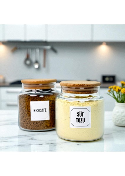 2'li Ahşap Vakum Kapaklı Cam Hazır Kahve Süt Tozu Saklama Kavanozu Seti 500 ml Etiket Hediyeli fiyatları