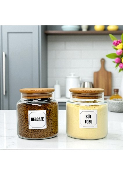 2'li Ahşap Vakum Kapaklı Cam Hazır Kahve Süt Tozu Saklama Kavanozu Seti 500 ml Etiket Hediyeli modelleri