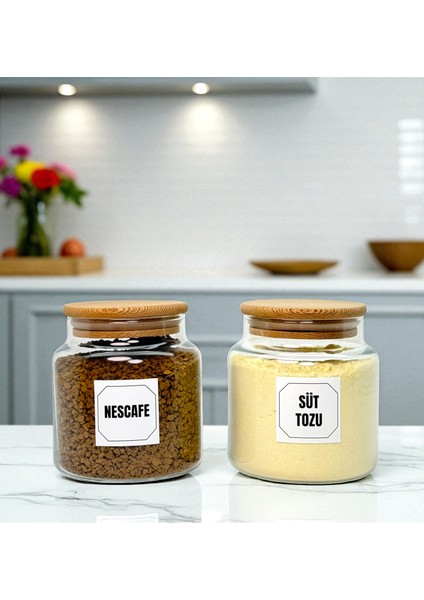 2'li Ahşap Vakum Kapaklı Cam Hazır Kahve Süt Tozu Saklama Kavanozu Seti 500 ml Etiket Hediyeli indirimleri