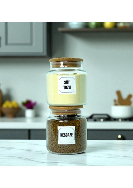 2'li Ahşap Vakum Kapaklı Cam Hazır Kahve Süt Tozu Saklama Kavanozu Seti 500 ml Etiket Hediyeli