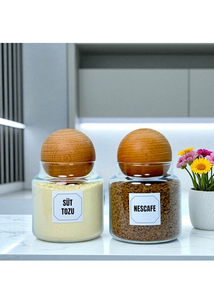 2'li Ahşap Top Kapaklı Cam Hazır Kahve Süt Tozu Saklama Kavanozu Seti 500 ml Etiket Hediyeli