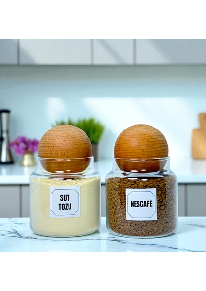 2'li Ahşap Top Kapaklı Cam Hazır Kahve Süt Tozu Saklama Kavanozu Seti 500 ml Etiket Hediyeli modelleri