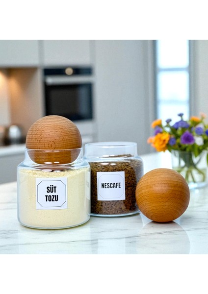 2'li Ahşap Top Kapaklı Cam Hazır Kahve Süt Tozu Saklama Kavanozu Seti 500 ml Etiket Hediyeli indirimleri