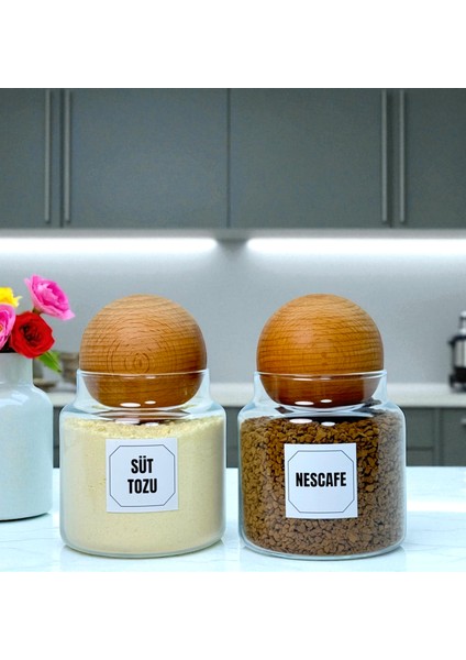 2'li Ahşap Top Kapaklı Cam Hazır Kahve Süt Tozu Saklama Kavanozu Seti 500 ml Etiket Hediyeli