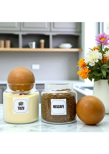 2'li Ahşap Top Kapaklı Cam Hazır Kahve Süt Tozu Saklama Kavanozu Seti 500 ml Etiket Hediyeli