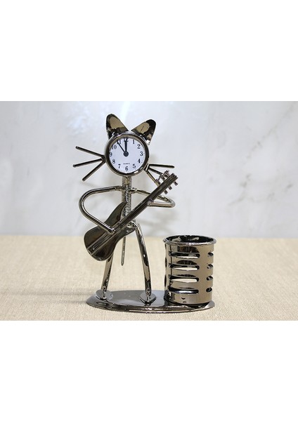 Metal Gitar Çalan Müzisyen Kedi Saat ve Kalemlik