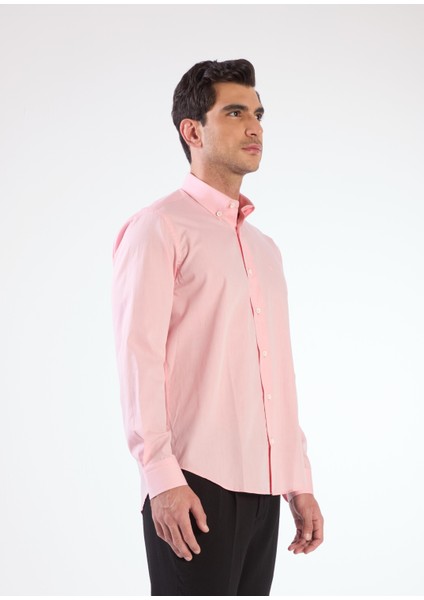 Açık Kırmızı Erkek Regular Fit Düz Brent Düğmeli Yaka Uzun Kol Gömlek - 102219