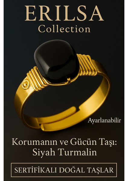 Sertifikalı Kalın Tımbıl Gold Model Siyah Turmalin Taşı Yüzük - Ayarlamalı