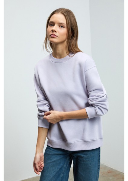 Karıus Kadın Organik Pamuklu Içi Polarsız Oversize Yuvarlak Yakalı Lila Sweatshirt