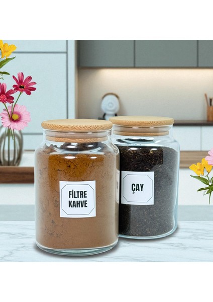 2'li Ahşap Vakum Kapaklı Cam Filtre Kahve Çay Saklama Kavanozu Seti 800 ml Etiket Hediyeli