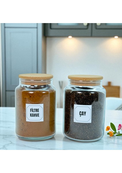 2'li Ahşap Vakum Kapaklı Cam Filtre Kahve Çay Saklama Kavanozu Seti 800 ml Etiket Hediyeli fiyatları