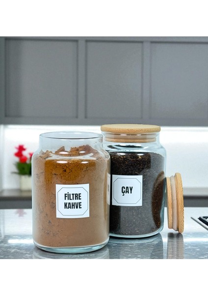 2'li Ahşap Vakum Kapaklı Cam Filtre Kahve Çay Saklama Kavanozu Seti 800 ml Etiket Hediyeli modelleri