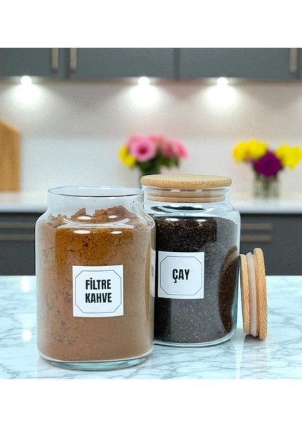 2'li Ahşap Vakum Kapaklı Cam Filtre Kahve Çay Saklama Kavanozu Seti 800 ml Etiket Hediyeli indirimleri