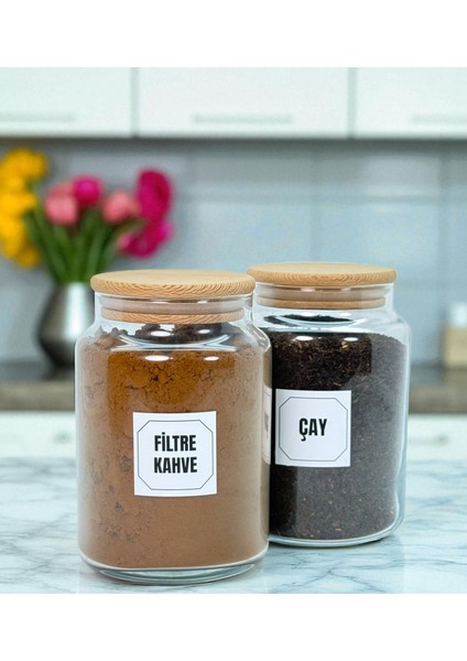 2'li Ahşap Vakum Kapaklı Cam Filtre Kahve Çay Saklama Kavanozu Seti 800 ml Etiket Hediyeli
