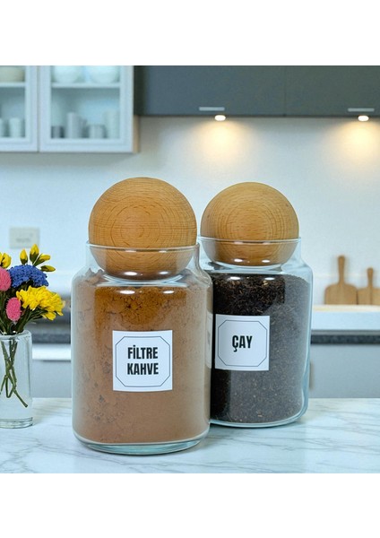 2'li Ahşap Top Kapaklı Cam Filtre Kahve Çay Saklama Kavanozu Seti 800 ml Etiket Hediyeli