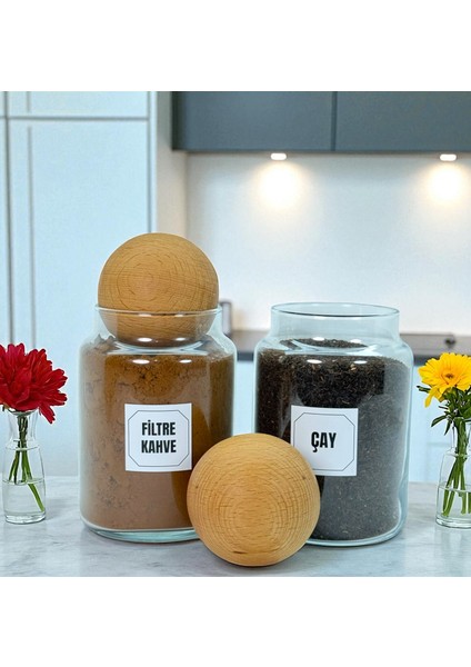2'li Ahşap Top Kapaklı Cam Filtre Kahve Çay Saklama Kavanozu Seti 800 ml Etiket Hediyeli fiyatları
