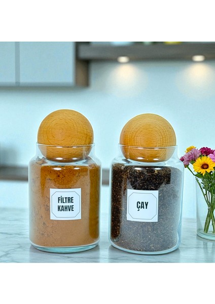 2'li Ahşap Top Kapaklı Cam Filtre Kahve Çay Saklama Kavanozu Seti 800 ml Etiket Hediyeli modelleri