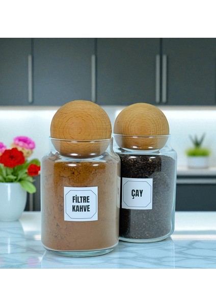 2'li Ahşap Top Kapaklı Cam Filtre Kahve Çay Saklama Kavanozu Seti 800 ml Etiket Hediyeli fırsatları