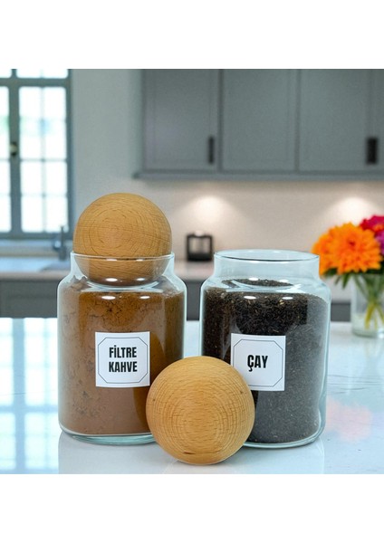 2'li Ahşap Top Kapaklı Cam Filtre Kahve Çay Saklama Kavanozu Seti 800 ml Etiket Hediyeli indirimleri