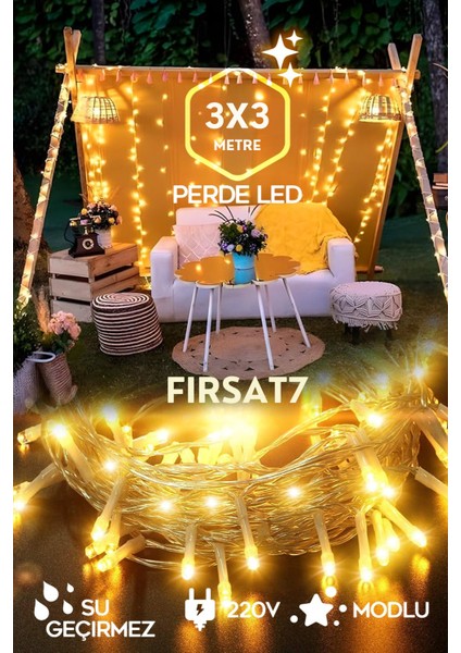 Perde LED Işık 3x3 Metre 220V Fişli Iç ve Dış Mekan Ortam Ambiyans Süs ve Dekor LED Işık