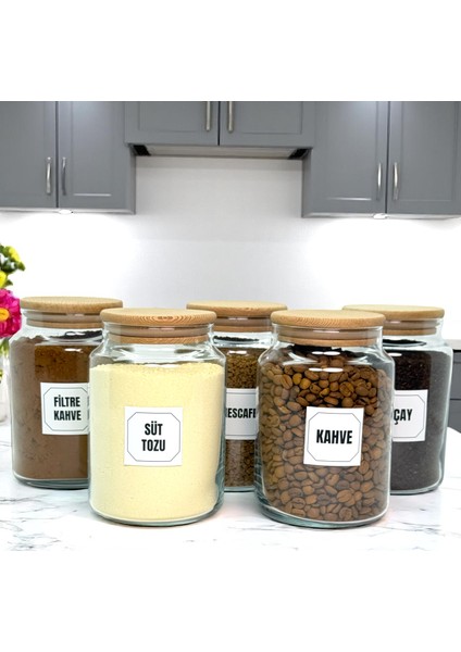 5'li Ahşap Vakum Kapaklı Cam Hazır Kahve Süt Tozu Çay Filtre Kahve Türk Kahvesi Saklama Kavanozu Seti Etiket Hediyeli