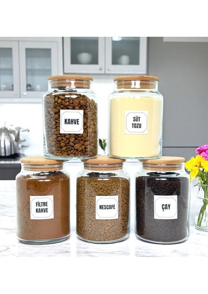 5'li Ahşap Vakum Kapaklı Cam Hazır Kahve Süt Tozu Çay Filtre Kahve Türk Kahvesi Saklama Kavanozu Seti Etiket Hediyeli fiyatları