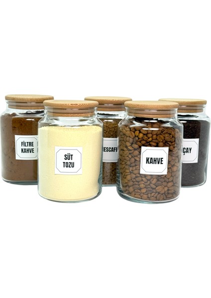 5'li Ahşap Vakum Kapaklı Cam Hazır Kahve Süt Tozu Çay Filtre Kahve Türk Kahvesi Saklama Kavanozu Seti Etiket Hediyeli modelleri