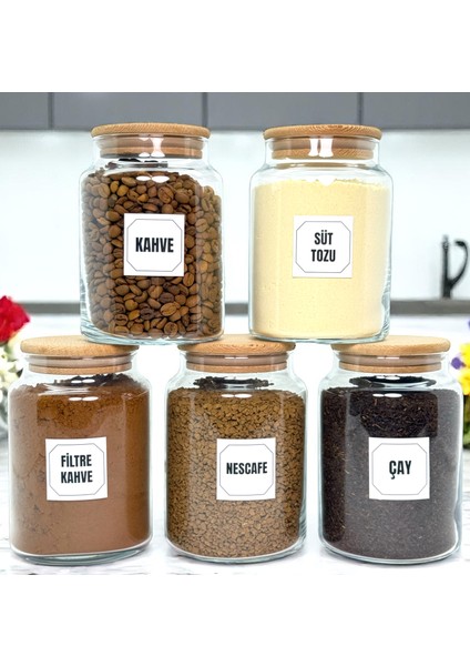 5'li Ahşap Vakum Kapaklı Cam Hazır Kahve Süt Tozu Çay Filtre Kahve Türk Kahvesi Saklama Kavanozu Seti Etiket Hediyeli fırsatları