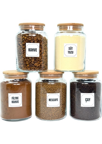 5'li Ahşap Vakum Kapaklı Cam Hazır Kahve Süt Tozu Çay Filtre Kahve Türk Kahvesi Saklama Kavanozu Seti Etiket Hediyeli