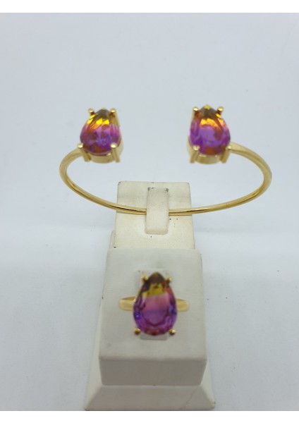 Turmalin Orjinal Doğal Taş Altın Kaplama Yüzük Ikili Bilezik Takım Set