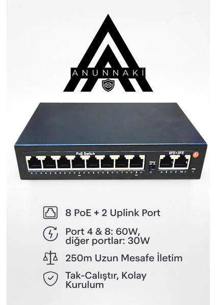 AN1028MN 8 Port Poe Switch | 120W | 2 Uplink | 250M Extend | Ip Kamera Uyumlu Aı Watchdog