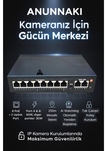 AN1028MN 8 Port Poe Switch | 120W | 2 Uplink | 250M Extend | Ip Kamera Uyumlu Aı Watchdog fiyatları