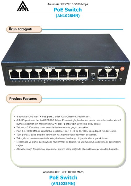 AN1028MN 8 Port Poe Switch | 120W | 2 Uplink | 250M Extend | Ip Kamera Uyumlu Aı Watchdog modelleri