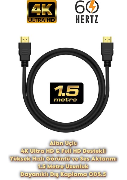 1.5 Metre HDMI Kablo | Altın Uçlu | 4K Ultra Hd 60Hz Full Hd V1.4 3D Destekli 1.5m HDMI Kablo