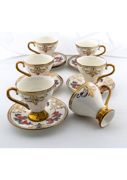 6'lı Ayaklı Porselen Türk Kahvesi Fincanı 90 ml – Gold Detaylı, Çiçek Desenli, Tabaklı (12 Parça)