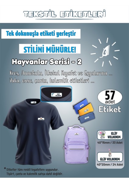 Hayvanlar Serisi - 2 Kreş Anaokulu Ilkokul Kıyafet Eşya Yaka Ense Isim Etiketi 57 Adet