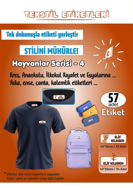 Hayvanlar Serisi - 4 Kreş Anaokulu Ilkokul Kıyafet Eşya Yaka Ense Isim Etiketi 57 Adet