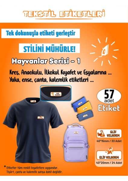 Hayvanlar Serisi - 1 Kreş Anaokulu Ilkokul Kıyafet Eşya Yaka Ense Isim Etiketi 57 Adet
