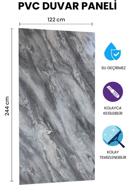 Black Gray Narso Gri Mermer Desenli Pvc Panel 122 x 244 cm
