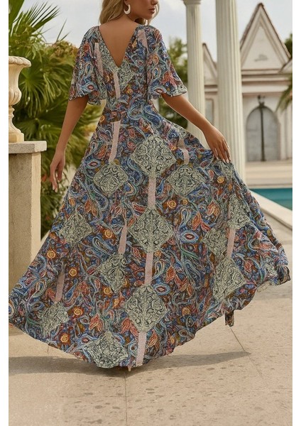 Kadın Kısa Kollu V Yakalı Desenli Süprem Elbise fiyatları
