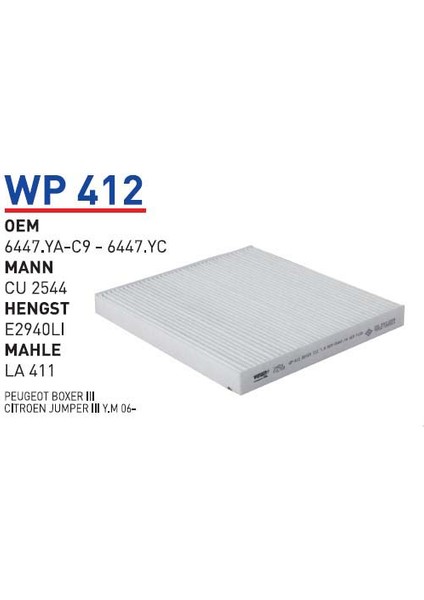 Wp412 Oem 6447.YA-C9-6447.YC Fıat ducato III Y.M 06 Otomobil polen filtre pollen filter