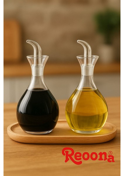 2 Adet Borosilikat Tombul Düz Cam Yağdanlık Yağlık ve Sirkelik Seti 900 ML+900 ml Bambu Standlı