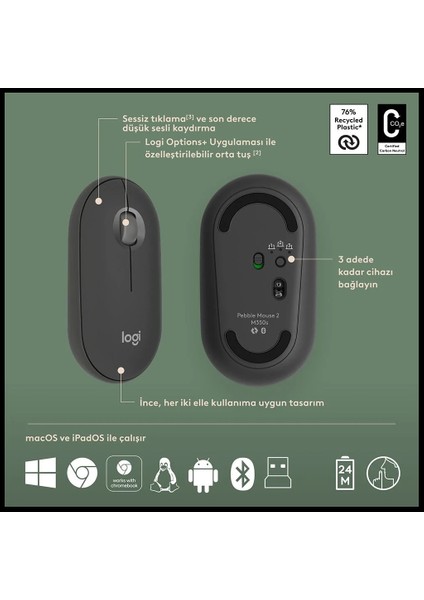 Logıtech Pebble 2 Combo, Grafit, 920-012245, Bluetooth, Türkçe, Q, Multimedya, Mini Klavye Mouse Set indirimleri