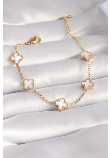 316L Çelik Gold Renk Beyaz Yonca Model Kadın Bileklik - TJ-BB5963