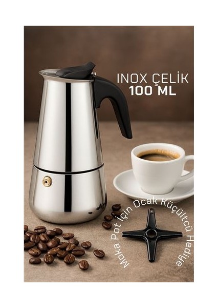 Modacar Inox Moka Pot - Paslanmaz Çelik Profesyonel Moka Pot - 100 ml