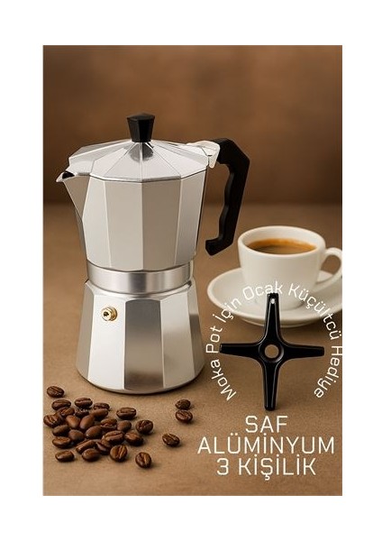 Modacar Klasik Italyan Moka Pot - 6061 Saf Alüminyum Profesyonel Moka Pot - 3 Kişilik