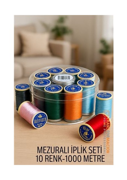 Modacar Dikiş Ipliği Seti - 10 Renk 1000 mt Kutulu Mezuralı Dikiş Seti