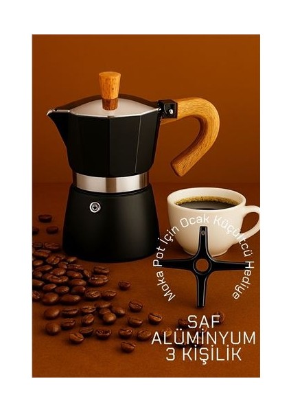 Modacar Italyan Moka Pot - 6061 Saf Alüminyum Ahşap Saplı - 3 Kişilik Siyah